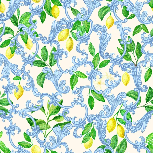 Floral seamless pattern from blue Baroque scrolls, lemon leaf and fruits, on a light beige background
