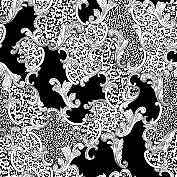 Seamless Pattern Silver Baroque Scrolls Leaves Black White Leopard Skin — Stock Photo, Image