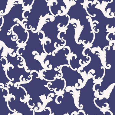 Koyu mavi bir arka planda bej rengi Barok parşömen siluetindeki vektörsüz desen. Eşarp, fular ipek baskı tasarımı, duvar kağıdı, ambalaj kağıdı.