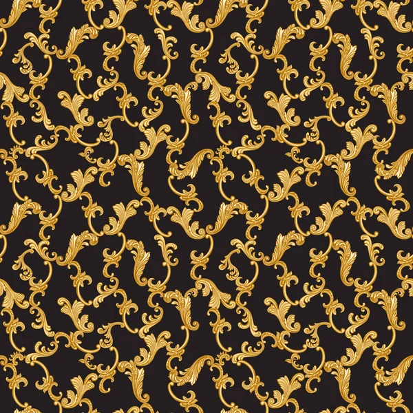 Floral seamless pattern from gold Baroque scrolls, leaves on a black background. Scarf, neckerchief, kerchief, silk print design, batik wallpaper, wrapping paper