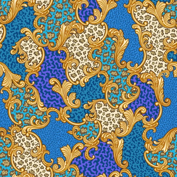 Seamless pattern from golden Baroque scrolls, acanthus leaf and floral elements on a dark patchwork leopard spotted background