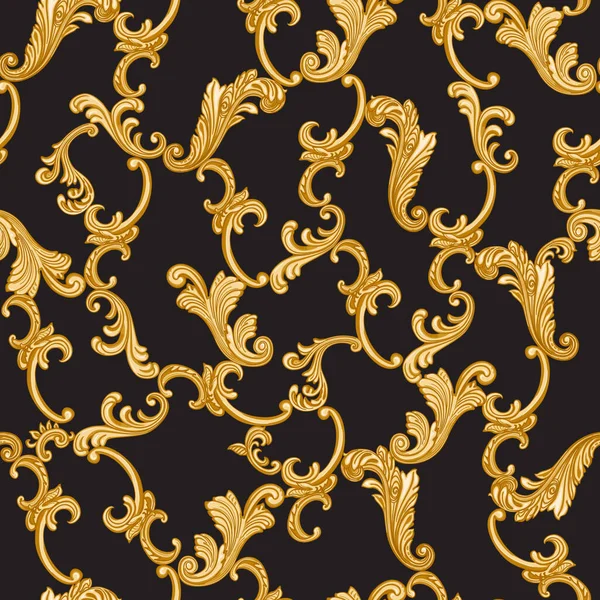Vector Floral Seamless Pattern Gold Baroque Scrolls Leaves Black Background — Stockvektor