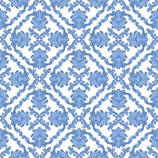 Vector Damask Seamless Pattern Blue Baroque Sea Shell Scrolls White — Stockvector