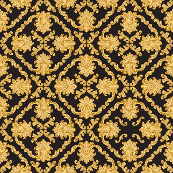 Vector Damask Seamless Pattern Golden Baroque Sea Shell Scrolls Black - Stok Vektor