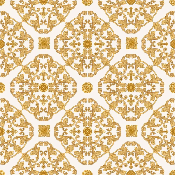 Vector Damask Seamless Pattern Golden Baroque Scrolls Acanthus Leaf Beige — Stock Vector