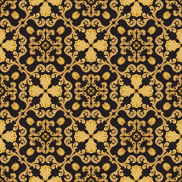 Vector Damask Seamless Pattern Golden Baroque Scrolls Black Background Scarf — Vettoriale Stock