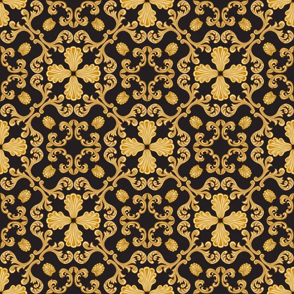 Vector Damask Seamless Pattern Golden Baroque Scrolls Black Background — Vettoriale Stock