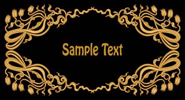 Altın Sanat Yeni Çerçevesi, tebrik kartı, davetiye kartı, süslenmiş altın tomarlar, zambak çiçekleri, lale yaprağı ve çiçekli unsurlar siyah arka planda