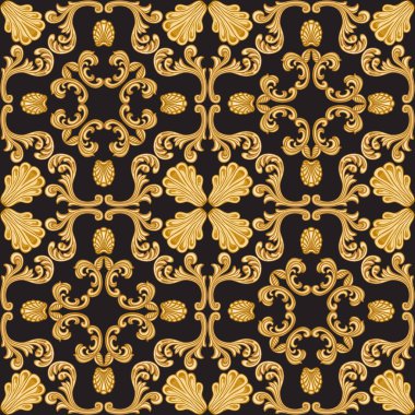 Vector Damask seamless pattern from golden Baroque scrolls on a black background. Scarf, bandana, neckerchief, kerchief silk print design, wallpaper, wrapping paper