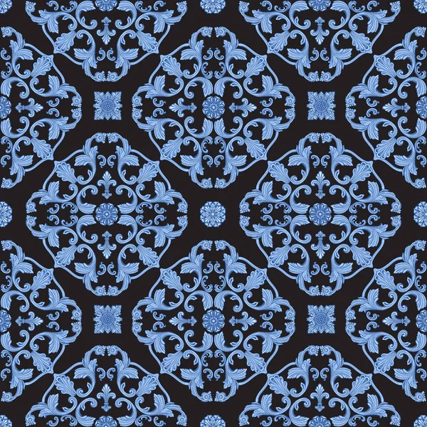 Vector Damask Seamless Pattern Blue Baroque Sea Shell Scrolls Black — 스톡 벡터