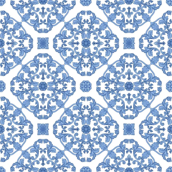 Vector Damask Seamless Pattern Blue Baroque Sea Shell Scrolls White — ストックベクタ