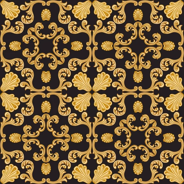 Vector Damask Seamless Pattern Golden Baroque Scrolls Black Background Scarf — Wektor stockowy
