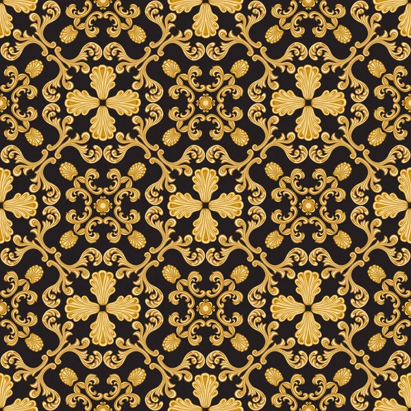 Vector Damask Seamless Pattern Golden Baroque Scrolls Black Background Scarf — Stockvektor