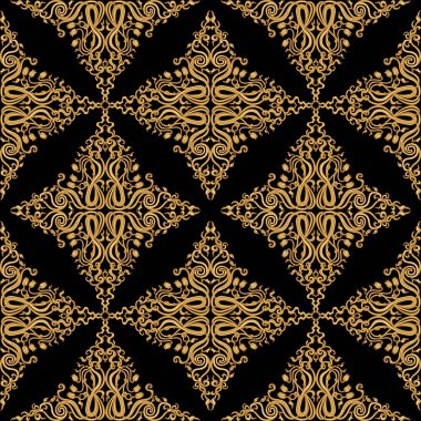 Altın Art Nouveau parşömenleri, zambak çiçekleri, lale yaprakları ve siyah arkaplandaki çiçekli elementlerden vektör damaskesiz desen.