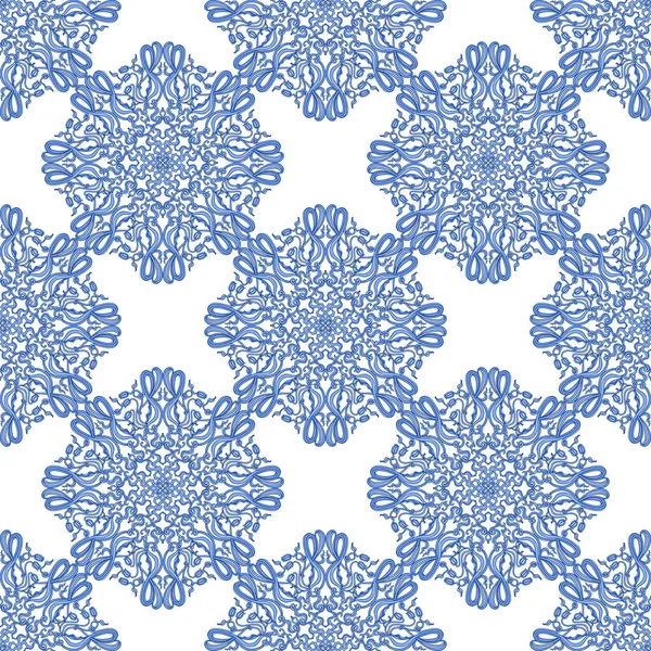 Vector Damask Rhombus Seamless Pattern Blue Art Nouveau Scrolls Lily — Stock vektor