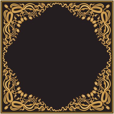 Gold Art Nouveau scrolls frame with lily and tulip flowers, golden floral border on a black background. Greeting card vignette, invitation, square pocket range, carpet