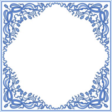 Zambak ve lale çiçekli Art Nouveau tomarları beyaz arka planda mavi çiçekli friz. Tebrik kartı, davetiye, kare cep menzili, halı.