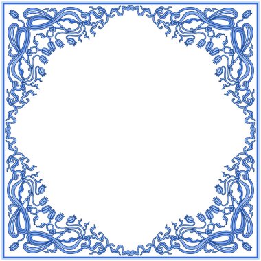 Zambak ve lale çiçekli Art Nouveau tomarları beyaz arka planda mavi çiçekli friz. Tebrik kartı, davetiye, kare cep menzili, halı.
