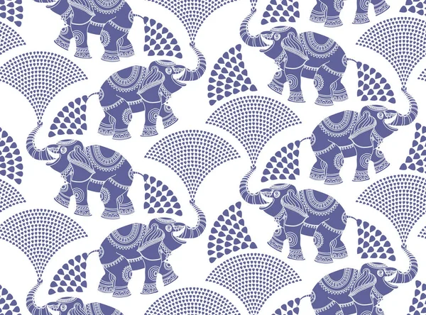 Vector Seamless Pattern Dark Blue Indian Elephant Silhouette Ethnic Ornaments — 스톡 벡터