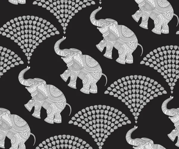 Vector Seamless Decorative Pattern Silver Grey Elephant Silhouette Ethnic Ornaments — 스톡 벡터