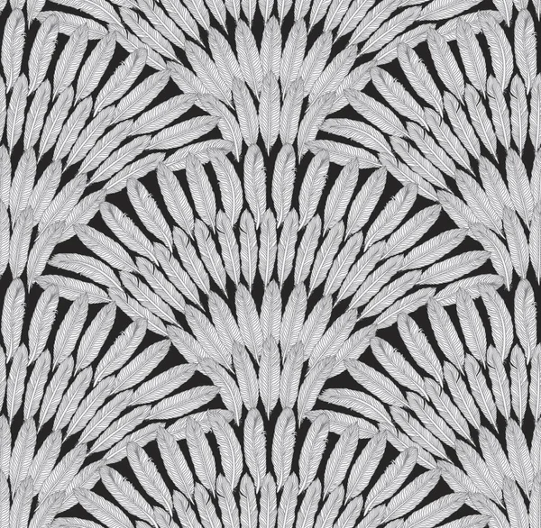 Vector Seamless Pattern Fan Silver Grey Feathers Black Background Coloring — Image vectorielle