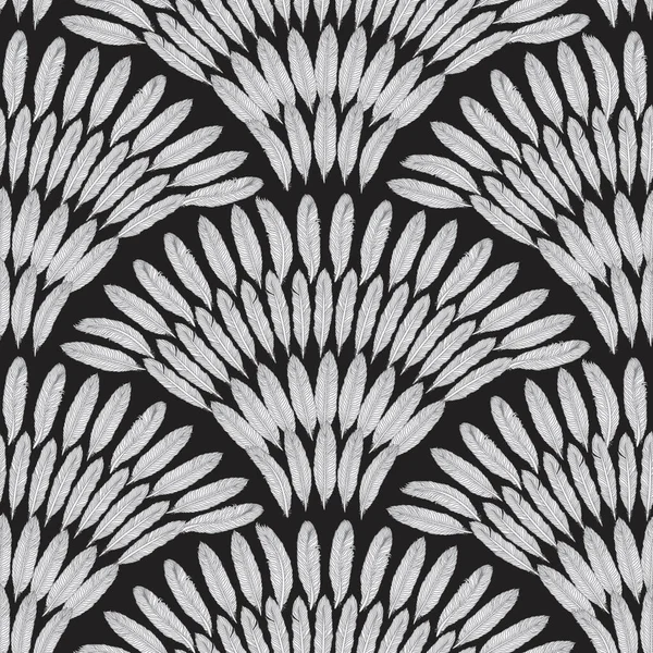 Vector Seamless Pattern Fan Silver Grey Feathers Black Background Coloring — Vetor de Stock