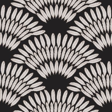 Siyah arka planda gümüş gri tüylerin yelpazesi olan kusursuz bir desen. Boyama kitabı sayfası