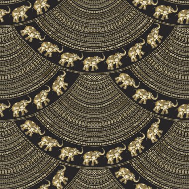 Hint filleriyle kusursuz geometrik dalga desenleri. Altın yelpaze şeklinde süslü tüyler, etnik süslemeli afişler. Balık pulu siparişi. Batik resim. Doğulu yazdırma