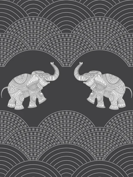 Wavy Seamless Pattern Ornate Indian Elephants Black Background — Archivo Imágenes Vectoriales