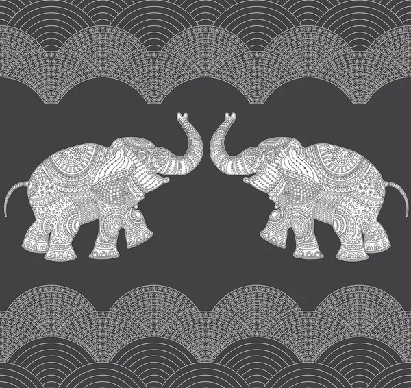 Wavy Seamless Pattern Ornate Indian Elephants Dark Grey Background — Image vectorielle