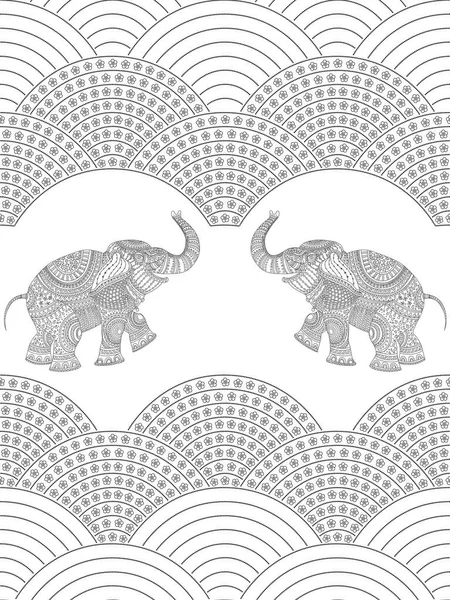 Wavy Seamless Pattern Ornate Indian Elephants White Background Coloring Book — Archivo Imágenes Vectoriales