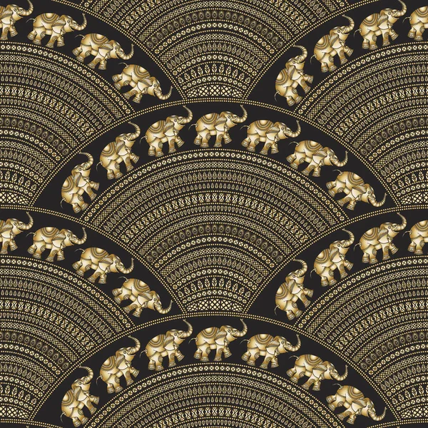 Seamless Geometrical Wavy Pattern Indian Elephants Golden Fan Shaped Ornate — Vettoriale Stock