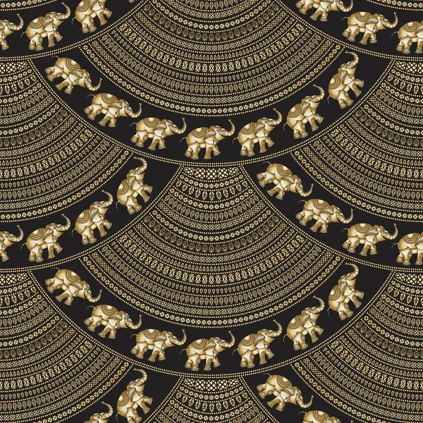 Seamless Geometrical Wavy Pattern Indian Elephants Golden Fan Shaped Ornate — Vector de stock