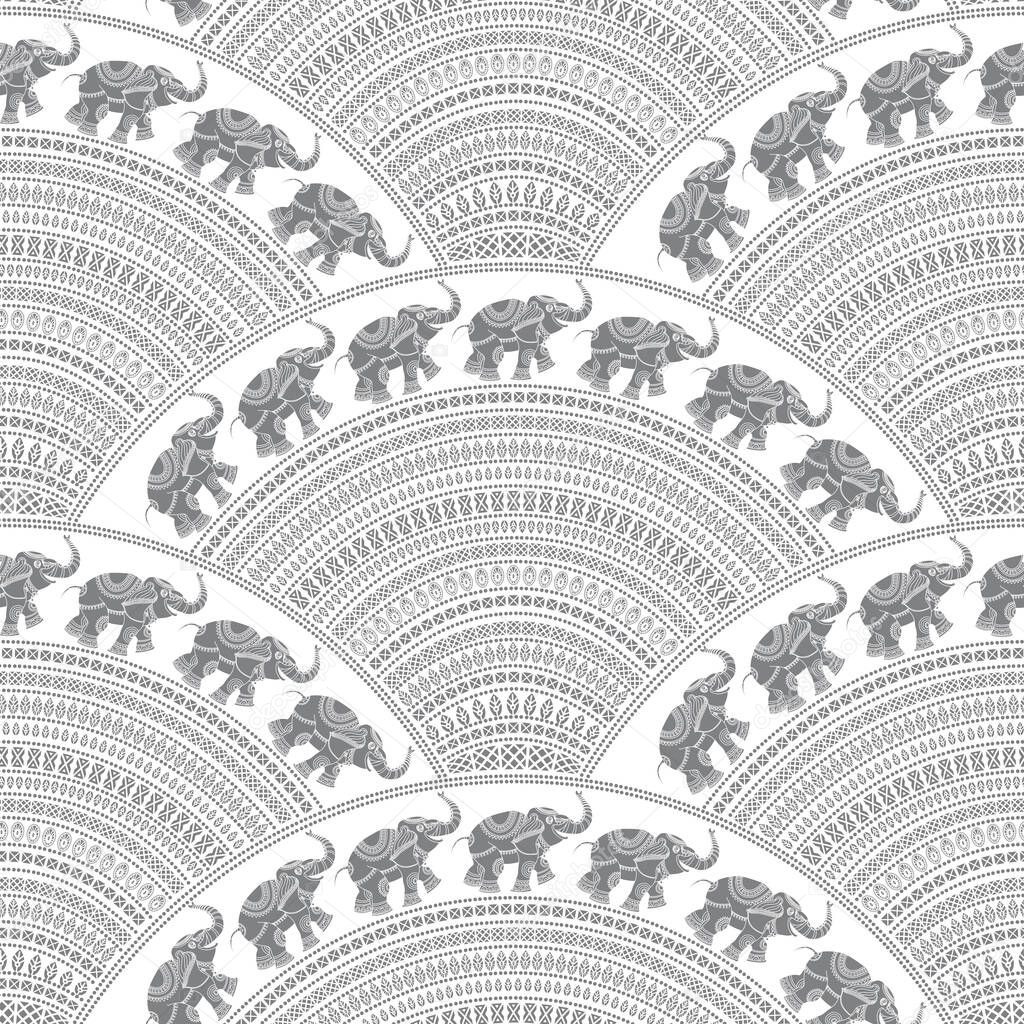 Abstract seamless geometrical wavy pattern with Indian elephants. Grey fan shaped ornate feathers, leaves, banners with ethnic ornaments. Fish scale order. Batik paint. Oriental print