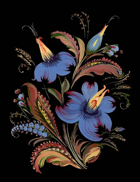 Floral collage in Ukrainian folk painting style Petrykivka. Dark blue  flowers, brown leaves isolated on a black background