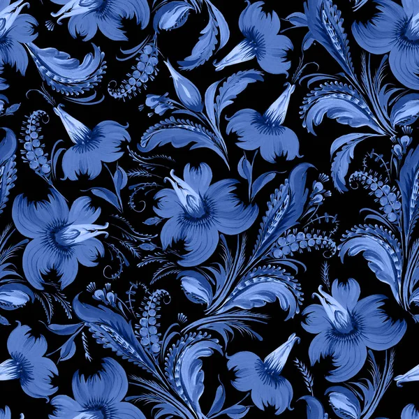 Bloemen Naadloos Patroon Oekraïense Folk Schilderstijl Petrykivka Blauwe Bloemen Bladeren — Stockfoto