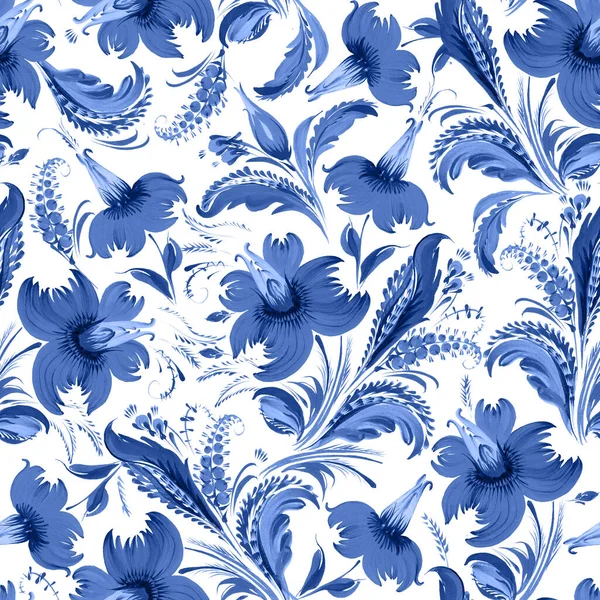 Floral seamless pattern in Ukrainian folk painting style Petrykivka. Blue flowers and leaves isolated on a white background