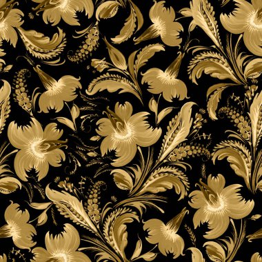 PrintFloral seamless pattern in Ukrainian folk painting style Petrykivka. Golden flowers and leaves isolated on a black background
