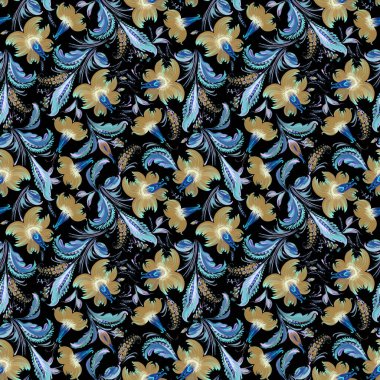Ukrayna folklorik resim stili Petrykivka 'da çiçeksiz desen. Siyah arka planda izole edilmiş altın çiçekler ve yeşil mavi yapraklar.