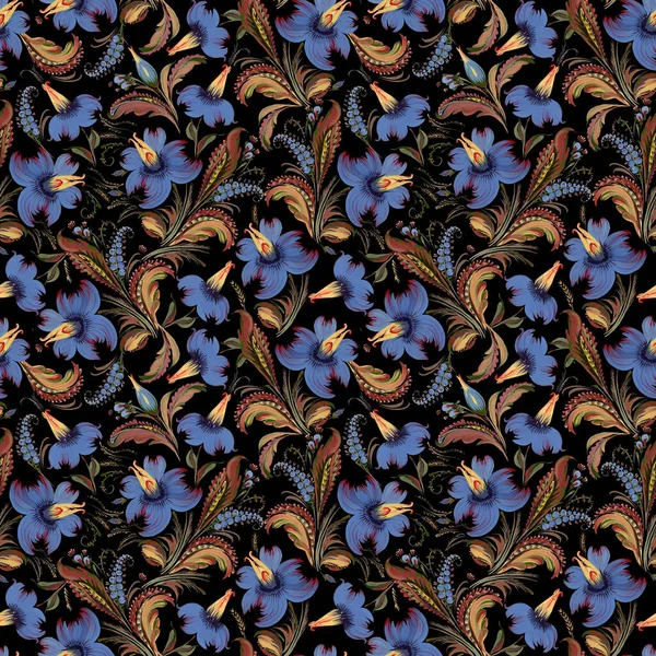 Floral Seamless Pattern Ukrainian Folk Painting Style Petrykivka Blue Flowers — 图库照片