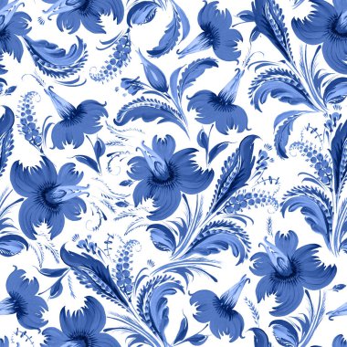 Floral seamless pattern in Ukrainian folk painting style Petrykivka. Blue flowers and leaves isolated on a white background