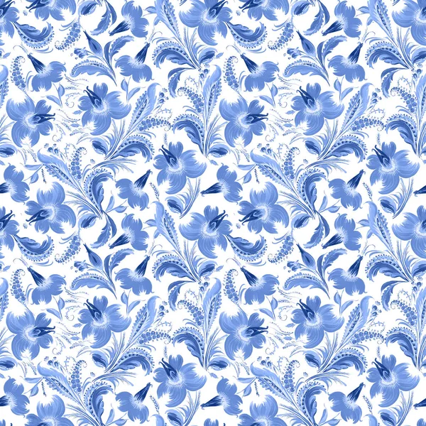 Floral seamless pattern in Ukrainian folk painting style Petrykivka. Blue flowers and leaves isolated on a white background