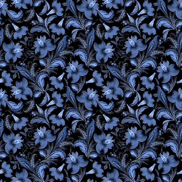 Floral Seamless Pattern Ukrainian Folk Painting Style Petrykivka Blue Flowers — 图库照片