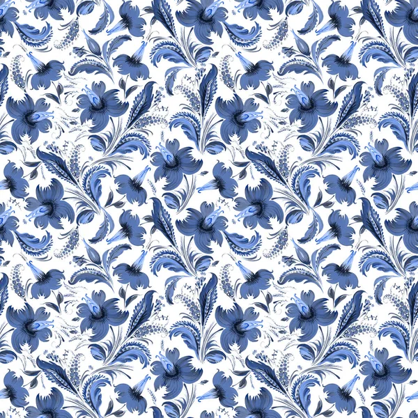 Floral Seamless Pattern Ukrainian Folk Painting Style Petrykivka Blue Flowers — стокове фото