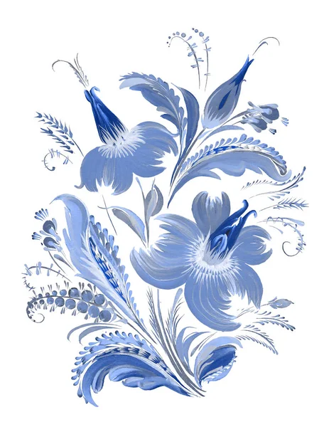 Floral collage in Ukrainian folk painting style Petrykivka. Dark blue  flowers and leaves isolated on a white background