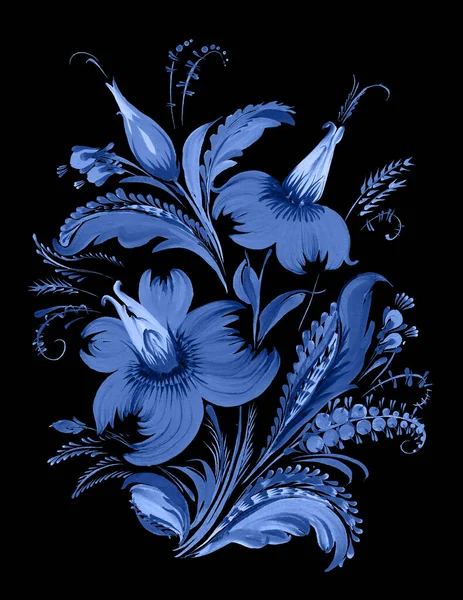 Floral Collage Ukrainian Folk Painting Style Petrykivka Dark Blue Flowers — стокове фото