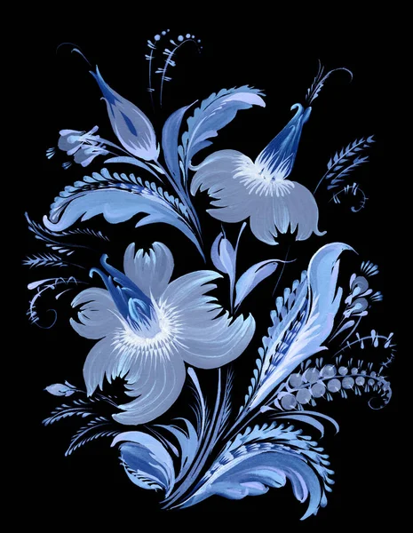 Floral Collage Ukrainian Folk Painting Style Petrykivka Dark Blue Flowers — стокове фото