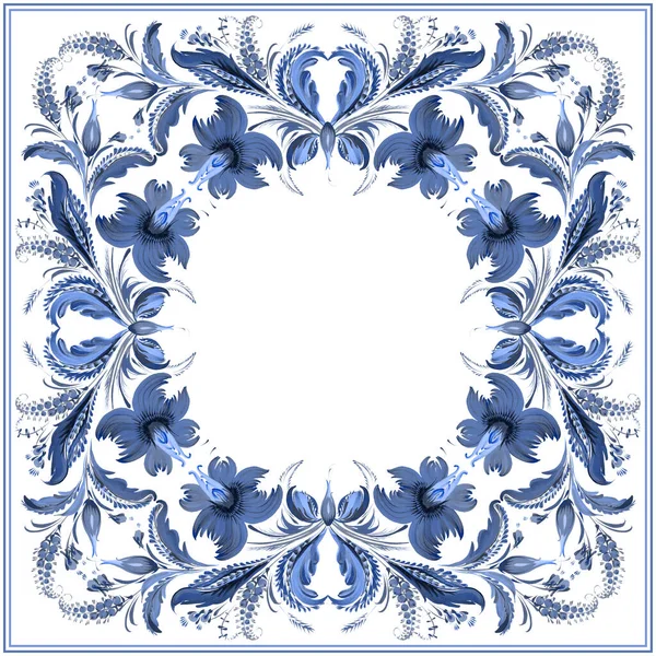 Batik floral pattern in Ukrainian folk painting style Petrykivka for shawl, carpet, bandana, ceramic tile, invitation card frame with blue flowers, leaves, branches isolated on a white background