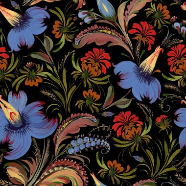 Floral seamless pattern in Ukrainian folk painting style Petrykivka. Blue and red  flowers and green brown leaves isolated on a black background
