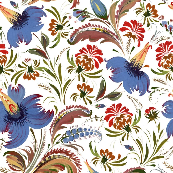 Floral seamless pattern in Ukrainian folk painting style Petrykivka. Blue and red  flowers and green brown leaves isolated on a white background